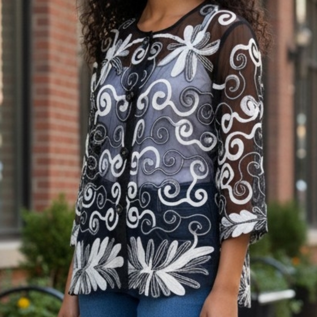 New! S Parsley & Sage Black Sheer Button Up Shirt Black/White Embroidery 4137